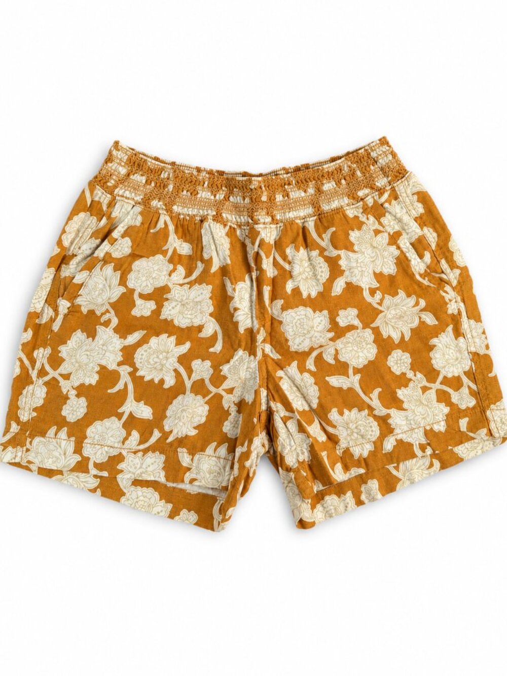 Floral Linen Blended Women's Shorts Size Small Elastic Smock Waist Pockets